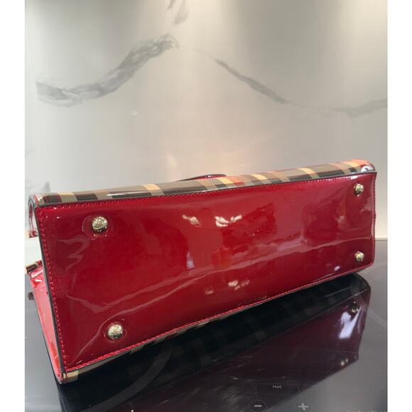 Handbag Shoulder Bag Red Black Beige Plaid Glossy Finish Red Handles0 - Picture 8 of 8